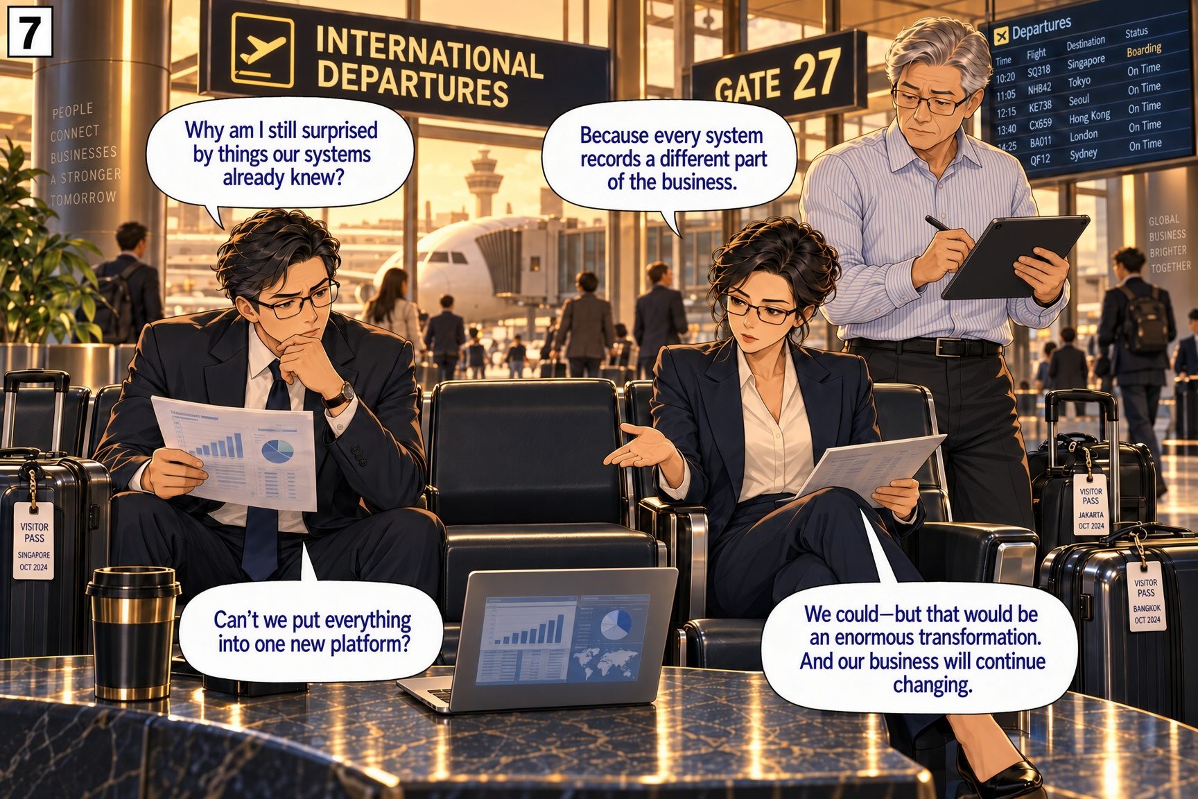 At an airport gate, a manager asks why he is still surprised by things their systems already knew. His colleague explains that every system records a different part of the business; putting everything into one new platform would be an enormous transformation, and the business will keep changing.