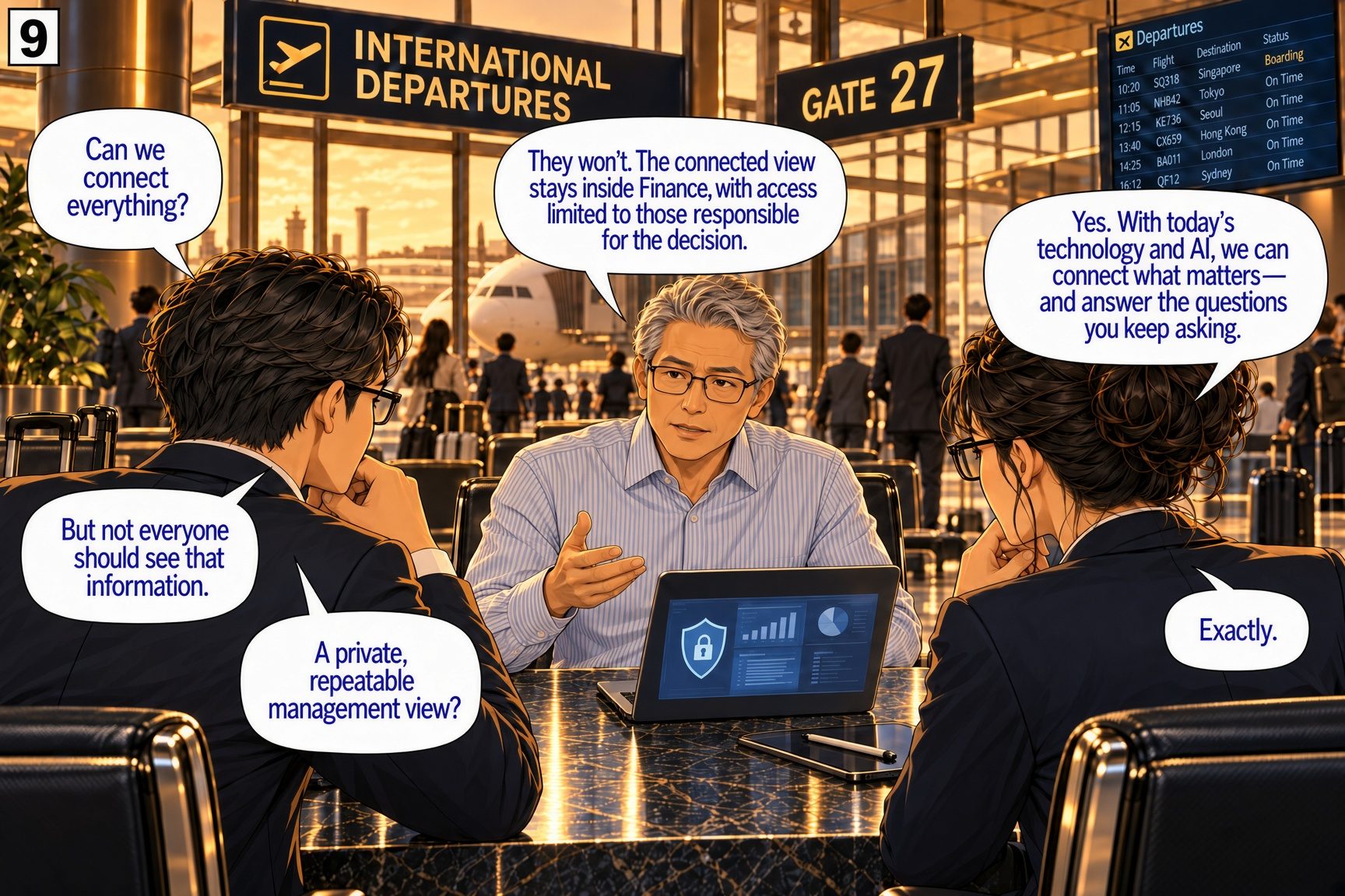 The senior partner reassures them that not everyone will see the connected information: it stays inside Finance, limited to those responsible for each decision. A private, repeatable management view, built with today's technology and AI to answer the questions they keep asking.