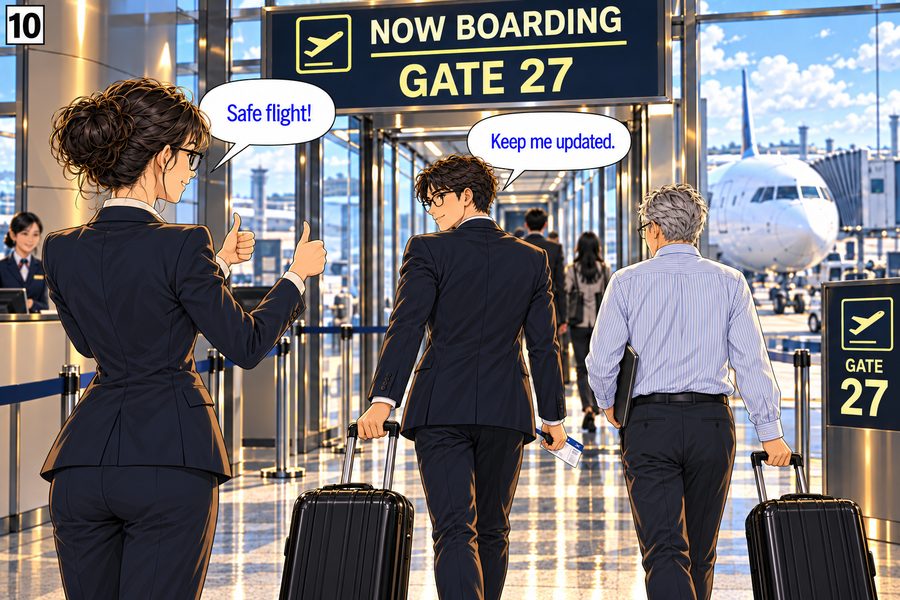 Panel 10 — Boarding Gate 27: 'Safe flight!' 'Keep me updated.' The two colleagues head off to build it.