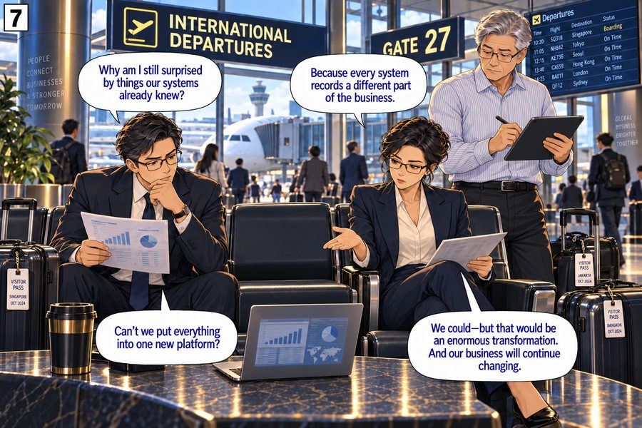 Panel 7 — At the airport gate, two colleagues and a senior partner discuss the problem. 'Why am I still surprised by things our systems already knew?' 'Because every system records a different part of the business.' 'Can't we put everything into one new platform?' 'We could — but that would be an enormous transformation. And our business will continue changing.'